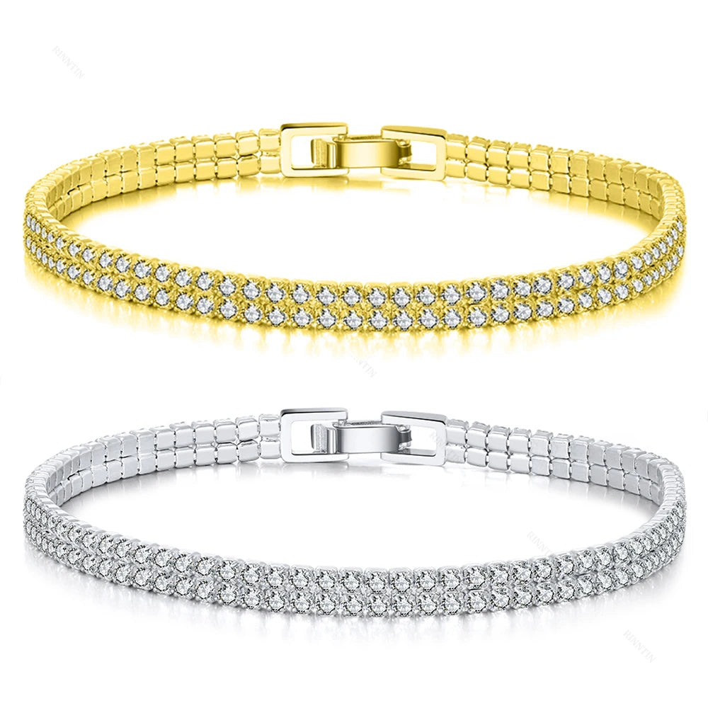 RINNTIN SB118 High Quality Women's Sparkling 925 Sterling Silver 2 Rows White Cubic Zirconia Tennis Bracelet