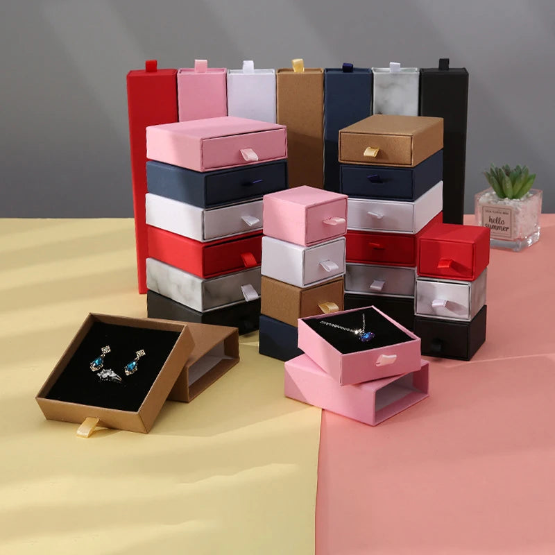 HOVANCI Custom Logo Cardboard Slide Marble Ring Necklace Drawer Box With Foam Velvet Insert Kraft Packaging Paper Jewelry Box