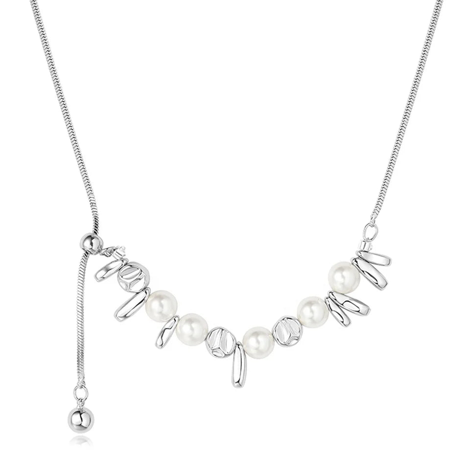 New Brass Plated Silver Pearl Beaded Pull-Out Snake Bone Chain Necklaces Universal Jewelry Customized