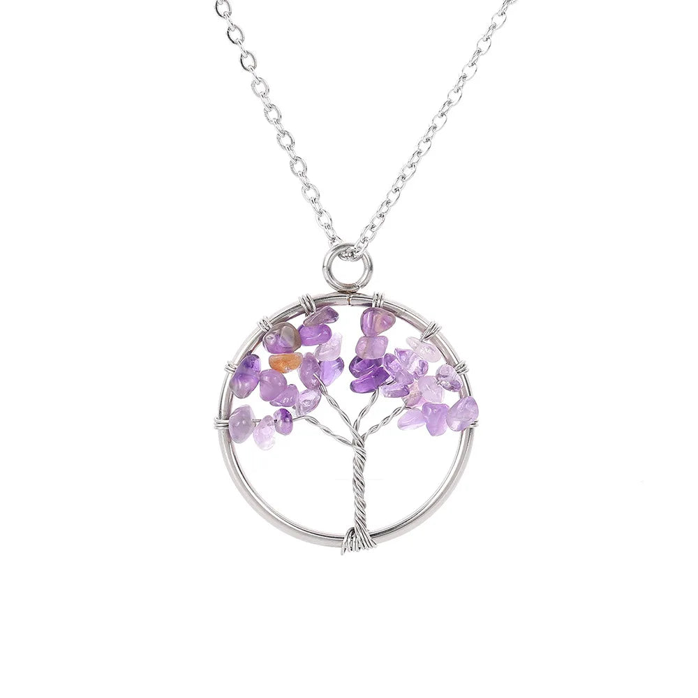 Hongzhuo Hot Sale 7 Chakra Amethyst Tree of Life Natural Tumbled Gemstone Wire Wrapped Pendant Necklace Jewelry Jewelry