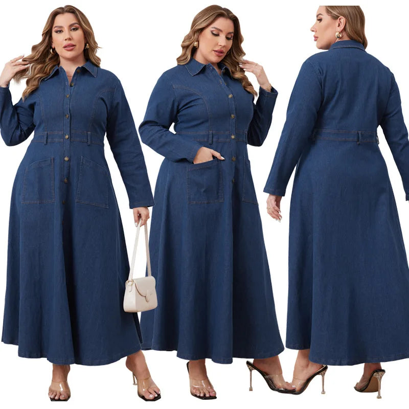 Y218329 Trendy Plus Size Denim Dresses Women Casual Long Sleeve Turn-down Collar Single Breasted Maxi Jeans Dresses for Women