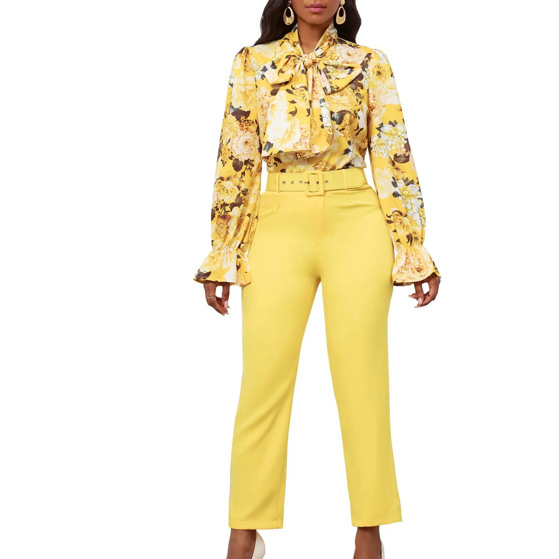 Ladies Office Blouse and Pants Set Elegant Print Strap Long Sleeve Women's Shirt and Pants Set Two Piece Outfits for Women