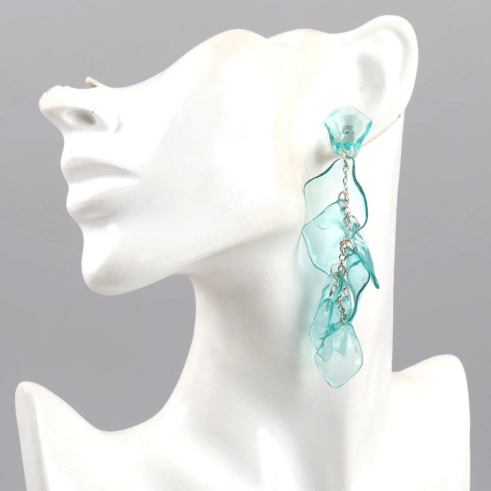 Fashion Bohemian Style Colorful Transparent Leaves Chain Petal Tassels Elegant Flower Jewelry High Quality Unisex Long Earrings