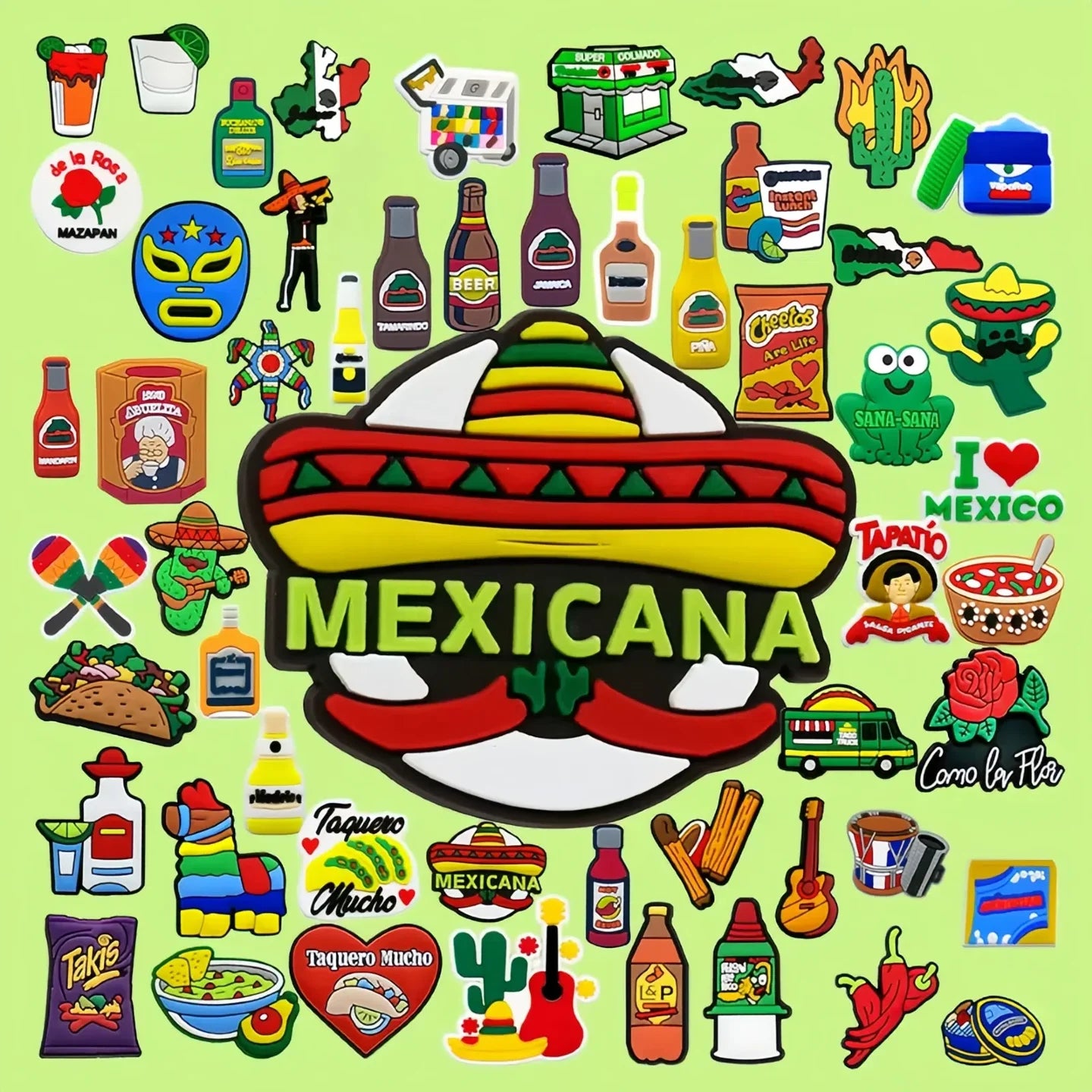 Customized Wholesale I love Mexico 2D Diy Adult Clog Takis Taco Beer Shoe Decoration Cactus Shoe Charms