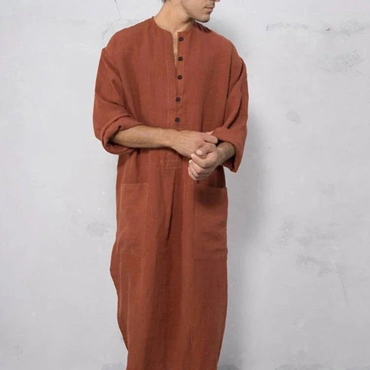 Custom Ethnic Middle East Daffah Malaysia Loose Stand-up Collar Robe Men's Muslim Dress Thobe Abaya With Pocket