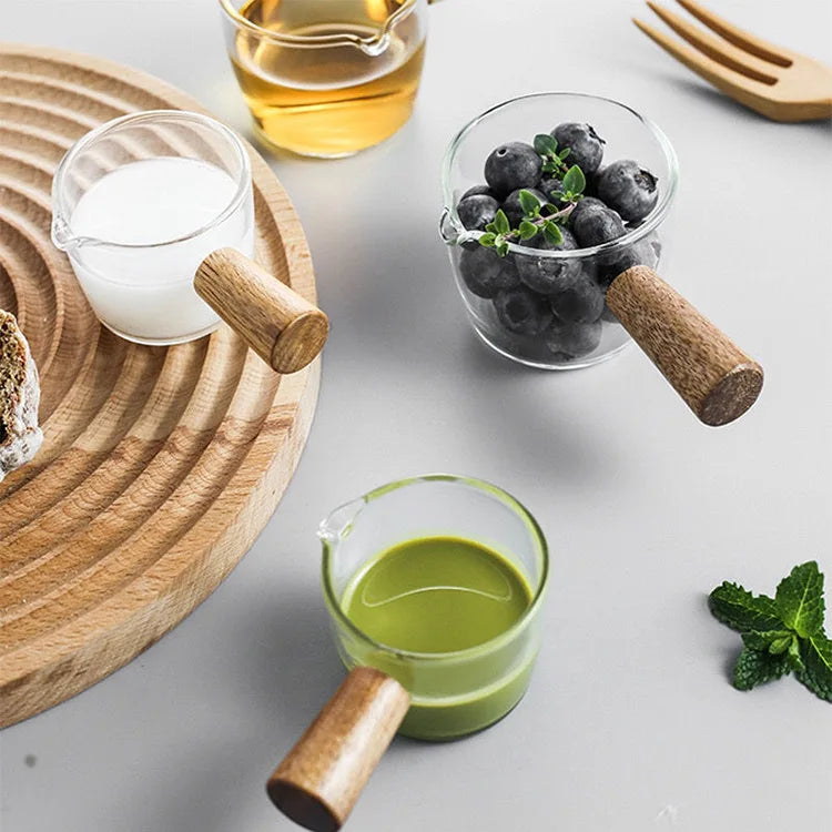 Mini Glass Espresso Coffee Milk Pitcher Jug Measuring Cup Dipping Sauce Cups With Wooden Handle
