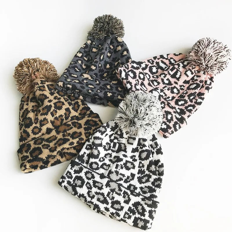 Fashion Leopard Zebra Plaid Cow Print Wool Knitted Beanies Winter Pompom Hat for Women