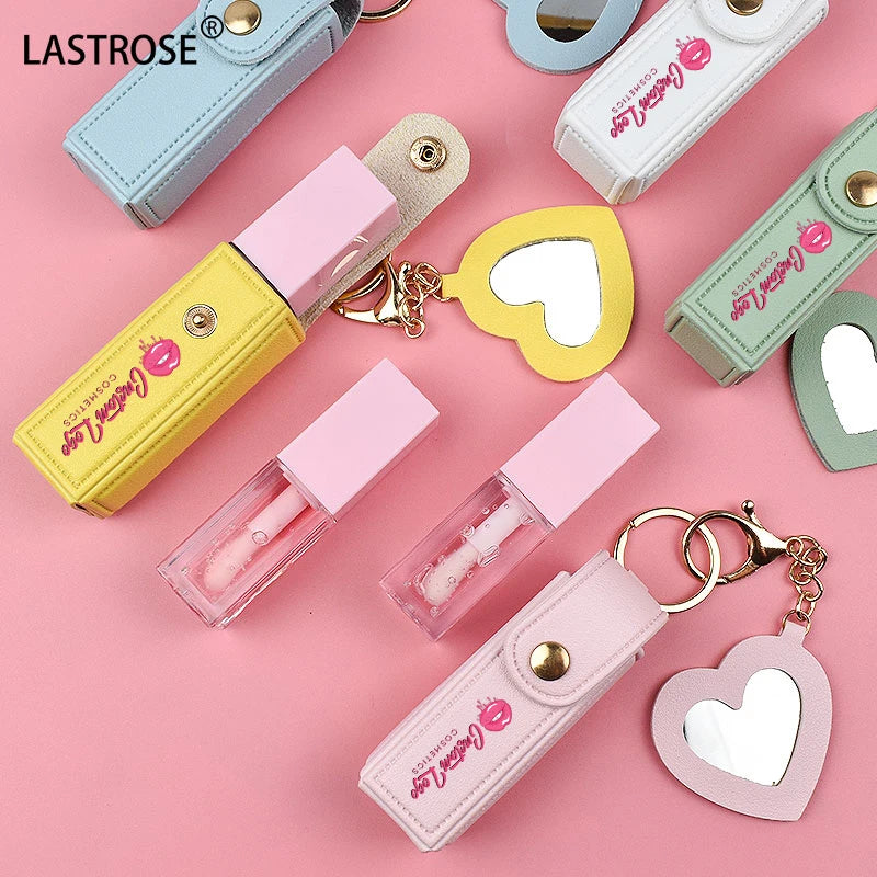 Wholesale Lip Balm Case Holder Lip Oil Bag Set Keychain With Makeup Mirror Lipstick Bag Accessories Leather Keychain Lip Oil Kit