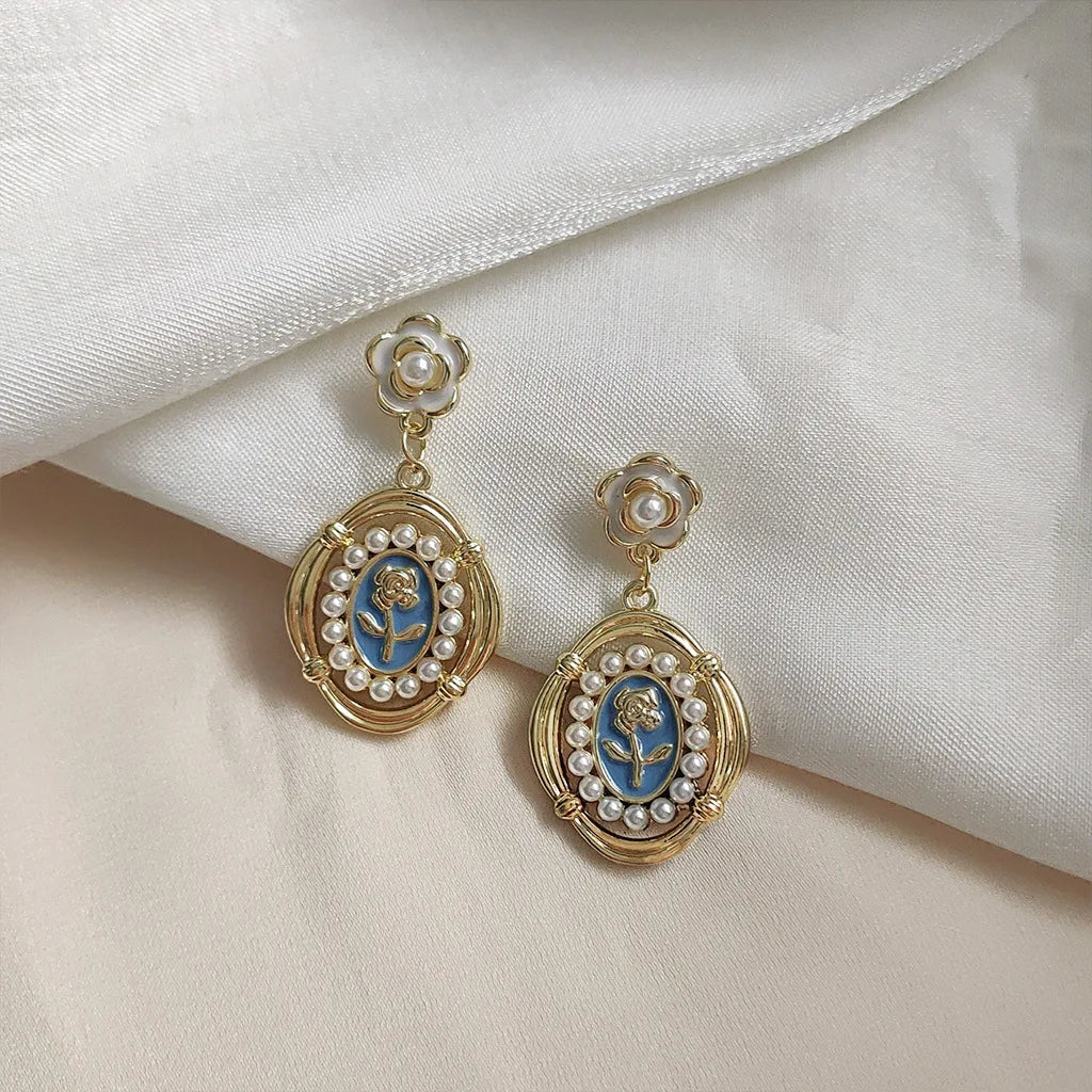 Vintage French Style Flower Earrings Enameled Pearl Beads Earrings 14K Gold Drop Earrings for Women