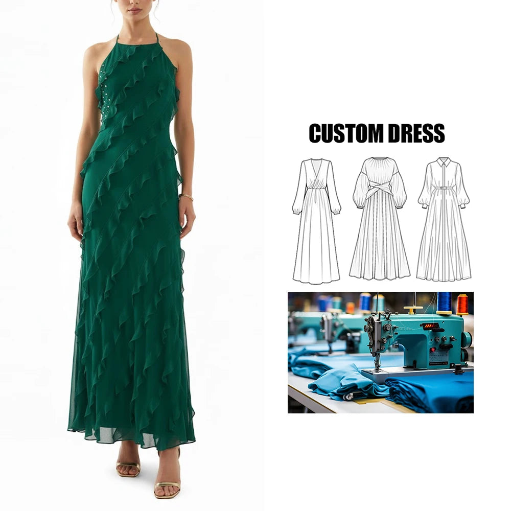 OEM Service Brand Customization Dress Temperament Wood Ear Edge Suspender Party Slit Maxi Straight Dress