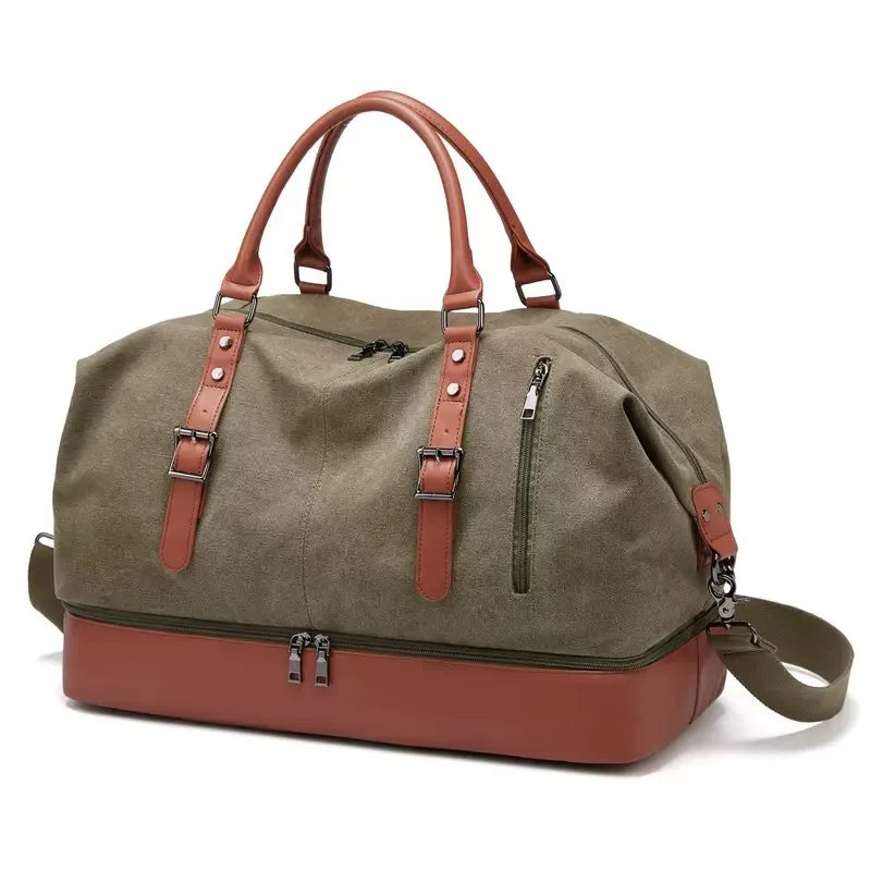 Hot Selling Wholesale Vintage Luggage Tote Bag Fashion Leather Zipper Closure Large Capacity Canvas Travel Duffle Bag
