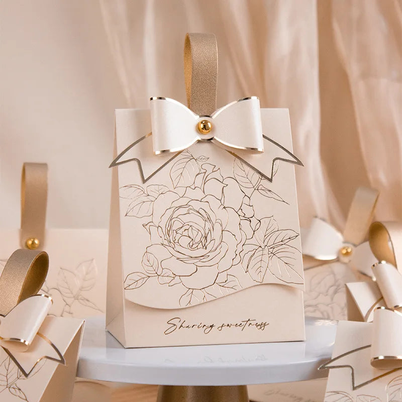 Ivory Board Paper Champagne Wedding Favor Candy Bag with Bow