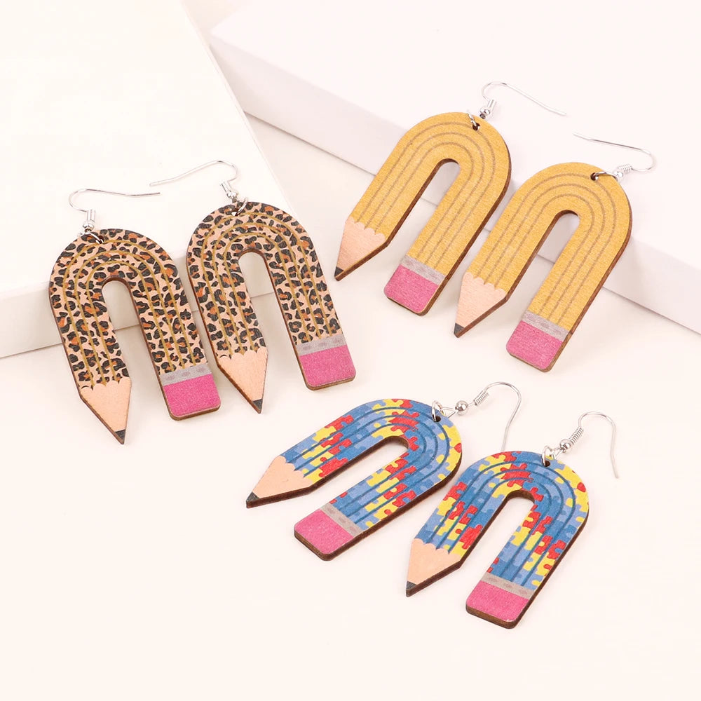 Best Selling U Shape Pencil Puzzle Wooden Drop Earrings for Women Leopard Print Cute Teachers' Day Jewelry Trendy