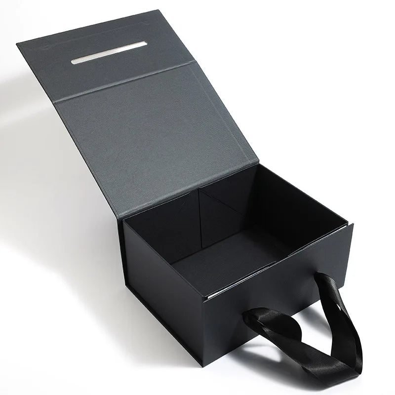 Custom Rigid Cardboard Gift Boxes with Ribbon Handle and Magnetic Lid Gift Packaging Flat Packing Folding Box for Clothes Shoe