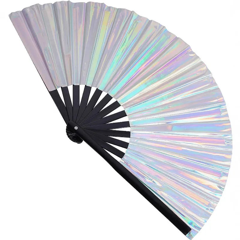 2025 Popular Holographic Folding Bamboo Hand Fan Rave Clack Fabric Fan Handheld Fan for Festivals Parties Accessories