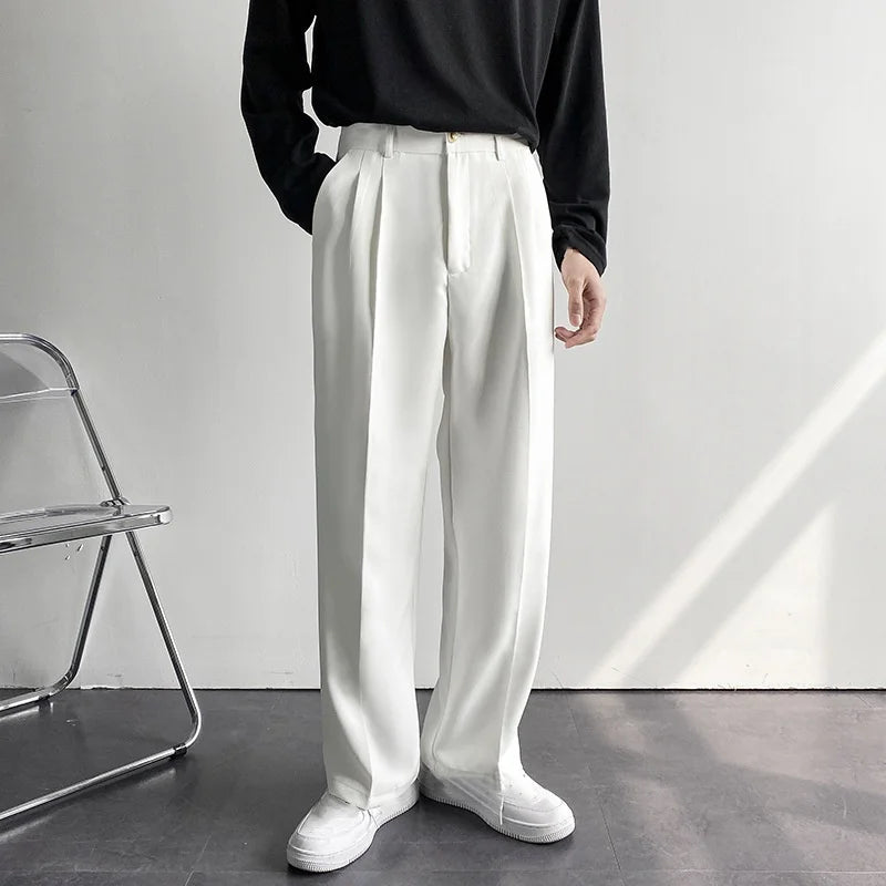 Drape Straight Leg Suit Pants Men Loose Korean Casual White Wide Leg Trousers Mopping Pants