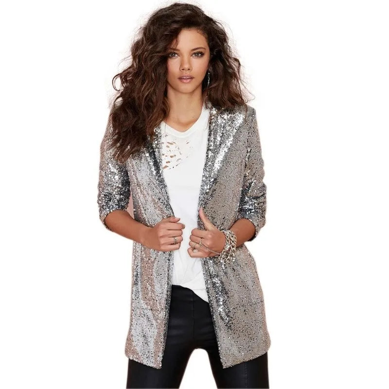 Top Quality Women Performance Party Shiny Silver Jacket Fashion Gold Black Sequin Jacket Blazer