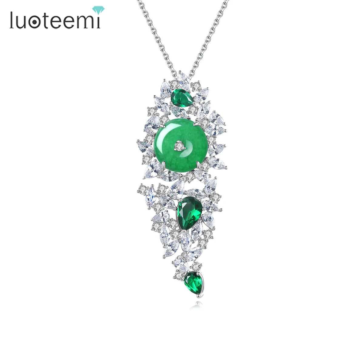 LUOTEEMI Luxury Large Women Clear Zircon with Green Jade Big Pendant Chain Necklaces Jewelry Wholesale Gifts