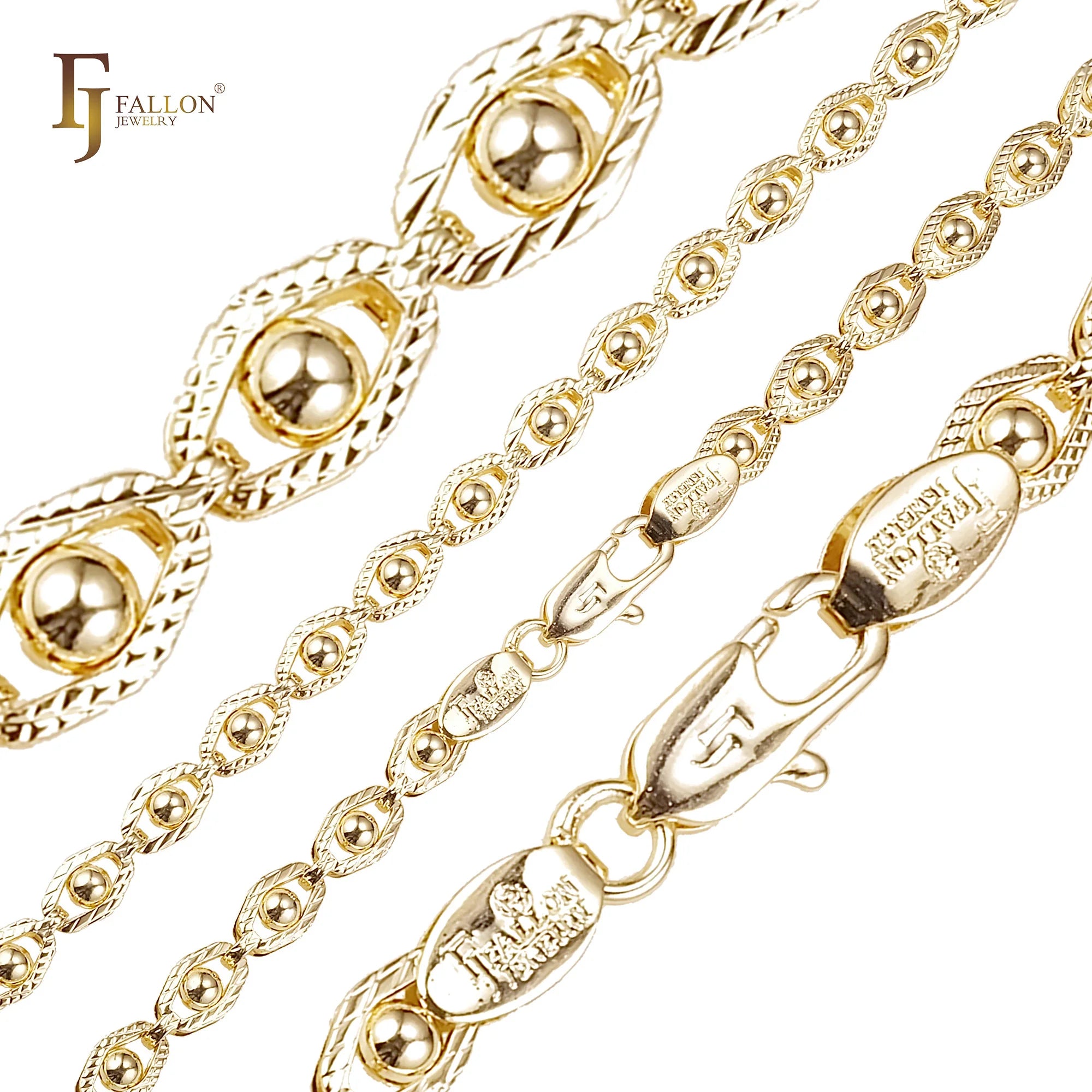 FJ Fallon Fashion Jewelry Eyes Beads Fancy Link Chain Plated in 14K Gold Brass Based