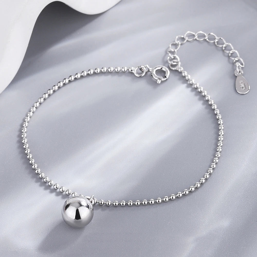 925 Sterling Silver Round Ball Women Fashion Round Beaded Chain Bracelet