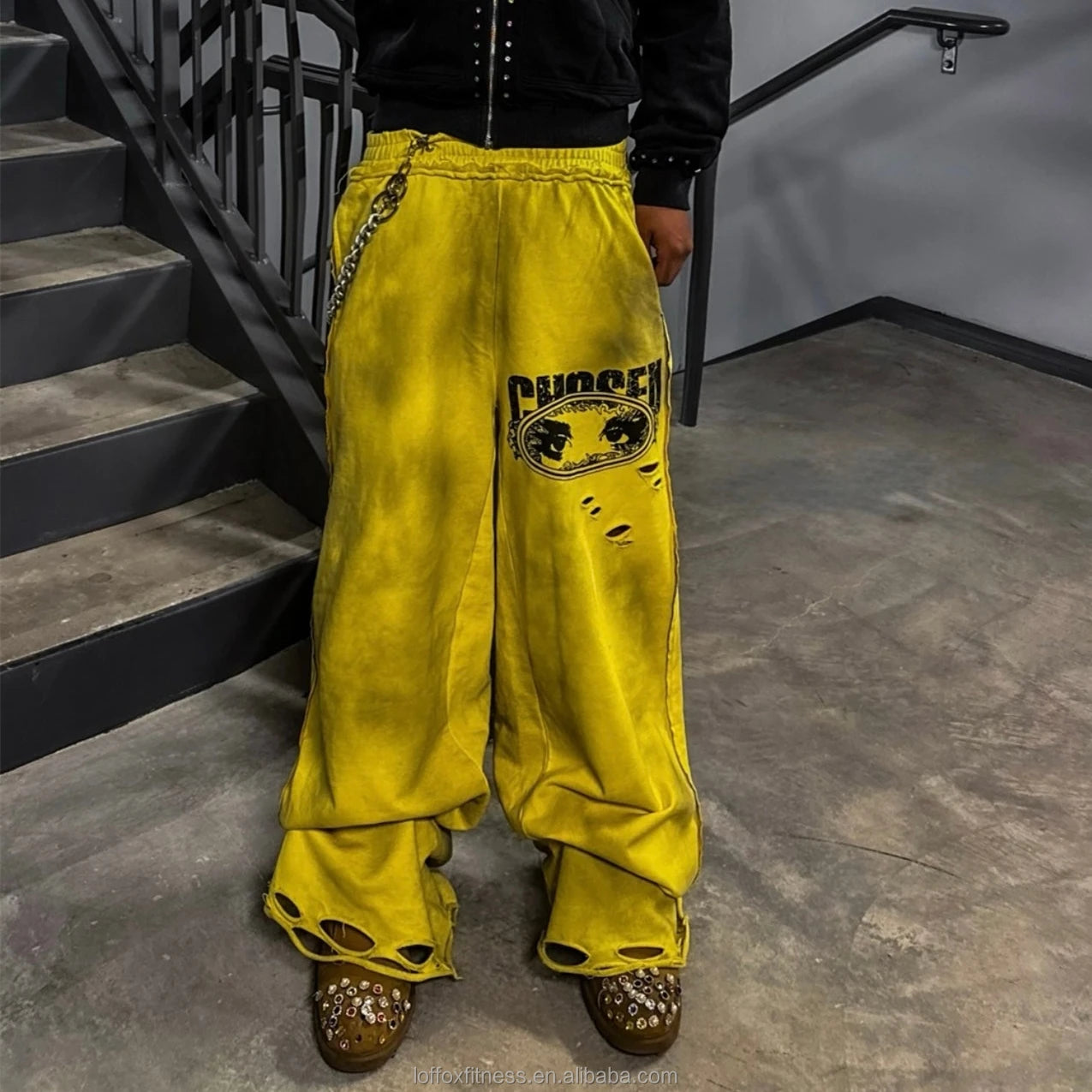 Custom Dtg Print Heavyweight High Quality Streetwear Vintage Dirty Wash Ripped Distressed Raw Hem Wide Leg Baggy Sweatpants