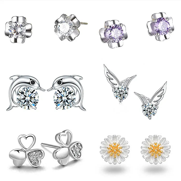 SC Wholesale Multi-type Korean Earrings Stud 925 Silver Post Purple Crystal Zircon Dolphin Flower Clover Heart Stud Earrings