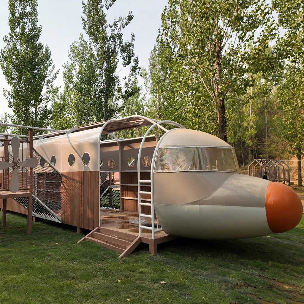 Hanlin Brown Airplane Amusement Park Commercial Outdoor Playground Equipment-Wooden Metal Construction >500kg Capacity Adult