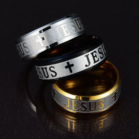 BINSHUO Wholesale Custom Stainless Steel Jewelry Titanium Steel 8MM Hypotenuse Polishing Corrosion Letters JESUS Cross Ring Men
