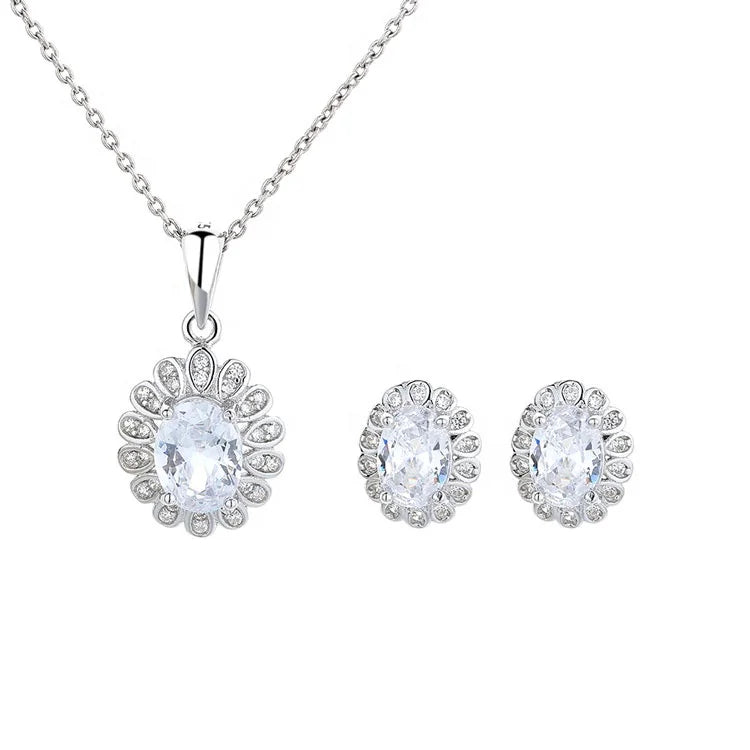 Flower Stud Earrings and Necklace Set in Real Silver 925 Wedding Jewelry Set for Women