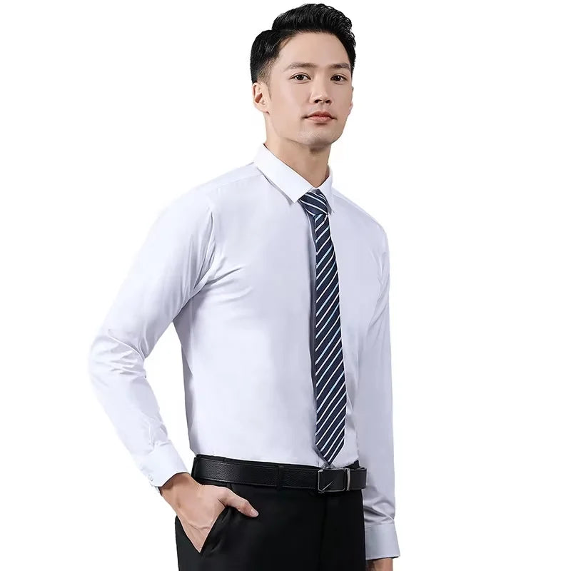 2025 Summer Men's No-Iron Cotton Shirt Professional Dress Style Casual White Collar Big Brand Formal Business Yarn Dyed
