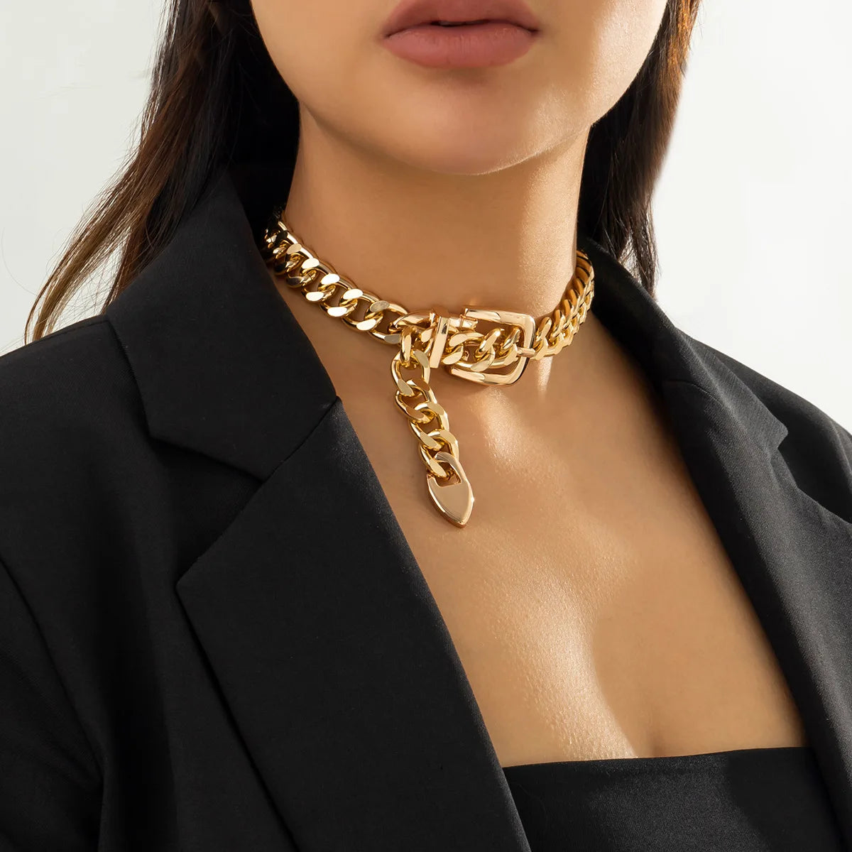 European and American Cross-border Hip-hop Minimalist Design Belt Buckle Chain Collarbone Neck Chain Retro Cool Style Necklace