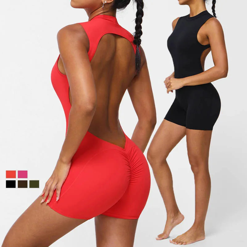 SHINBENE Backless Tummy Control Sleeveless Jumpsuits Lizvette V Back Scrunch Yoga Romper One Piece Workout Jumpsuits for Women