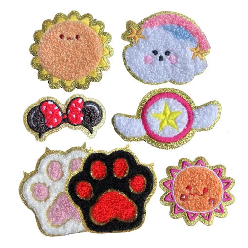 Hot Sale Iron On/self Sticker Gold Glitter Edge Embroidered  Cute Cartoon Sun Paw Cloud rainbow Star Chenille Patch