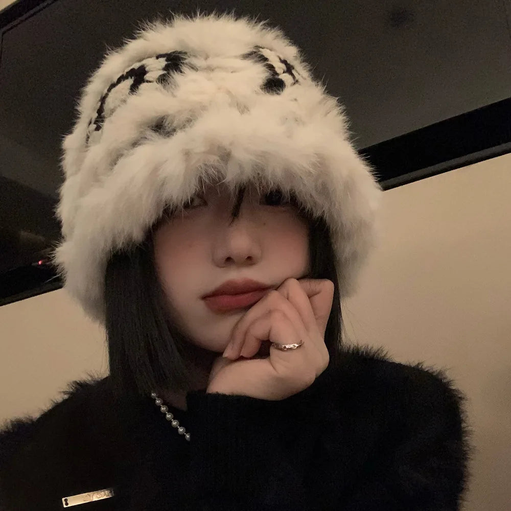 Wholesale Fisherman Warmly White Winter Furry Faux Fur Knitted Fluffy Bucket Hat Custom for Women