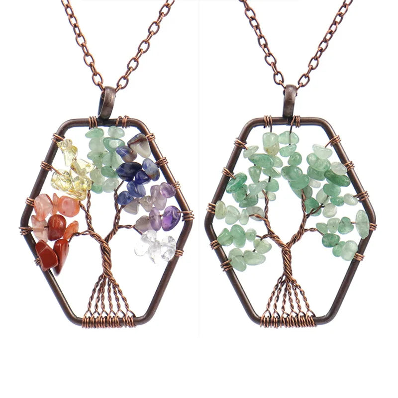 Wholesale Crystal Natural Stone Tree of Life Hexagon Pendant Necklace 7 Chakra Healing Gemstone Necklace Pendants