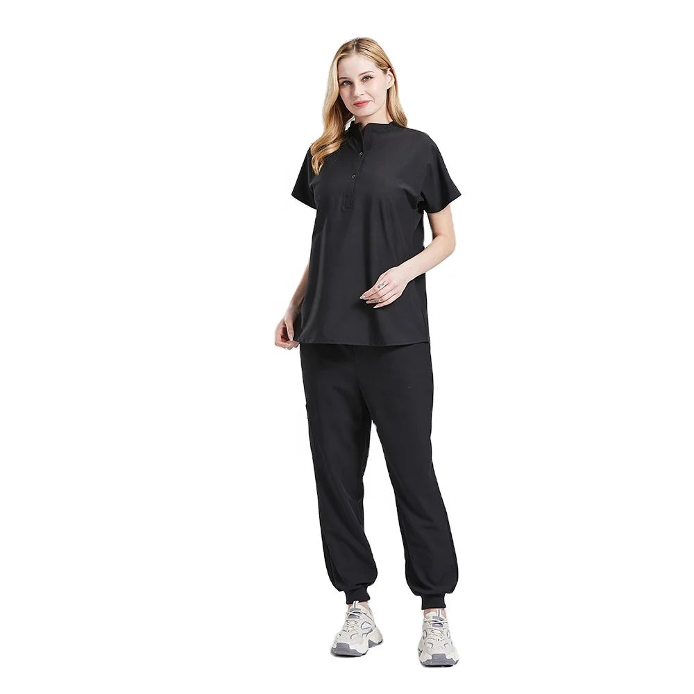 Polyester Rayon Spandex Black Jogger Nursing Uniforms Womens Scrubs Scrub Design Style Jogger Sets