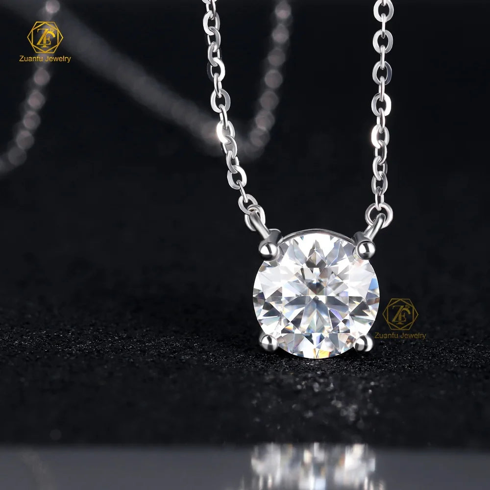 Simple Style 925 Sterling Silver Party Jewelry Four Prongs Round Brilliant Cut 8MM 2CT Moissanite Pendant Necklace for Women