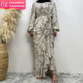6669# Summer Fashion Small Flower Dress Crew Neck Elasticaed Sleeve Maxi Printed Vacation Dresses With Side Drawstring 4 Colors