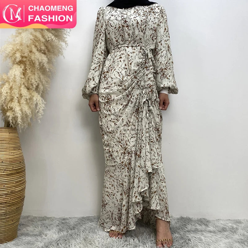 6669# Summer Fashion Small Flower Dress Crew Neck Elasticaed Sleeve Maxi Printed Vacation Dresses With Side Drawstring 4 Colors