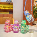 Cartoon Cute Boys & Girls 600ml Leakproof Plastic Water Bottle with Straw/Strap for School Sport & Travel for Kids
