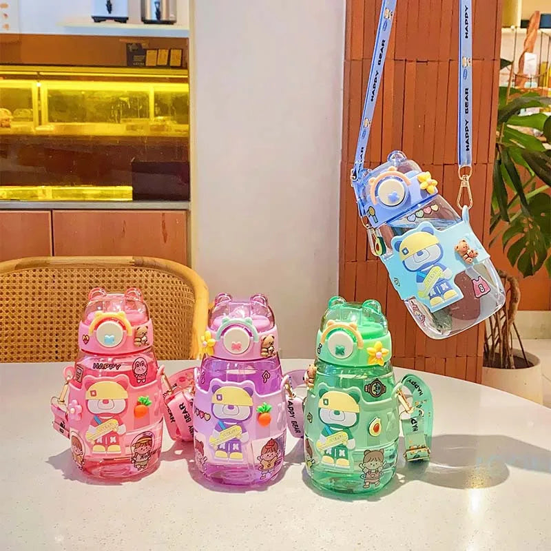 Cartoon Cute Boys & Girls 600ml Leakproof Plastic Water Bottle with Straw/Strap for School Sport & Travel for Kids