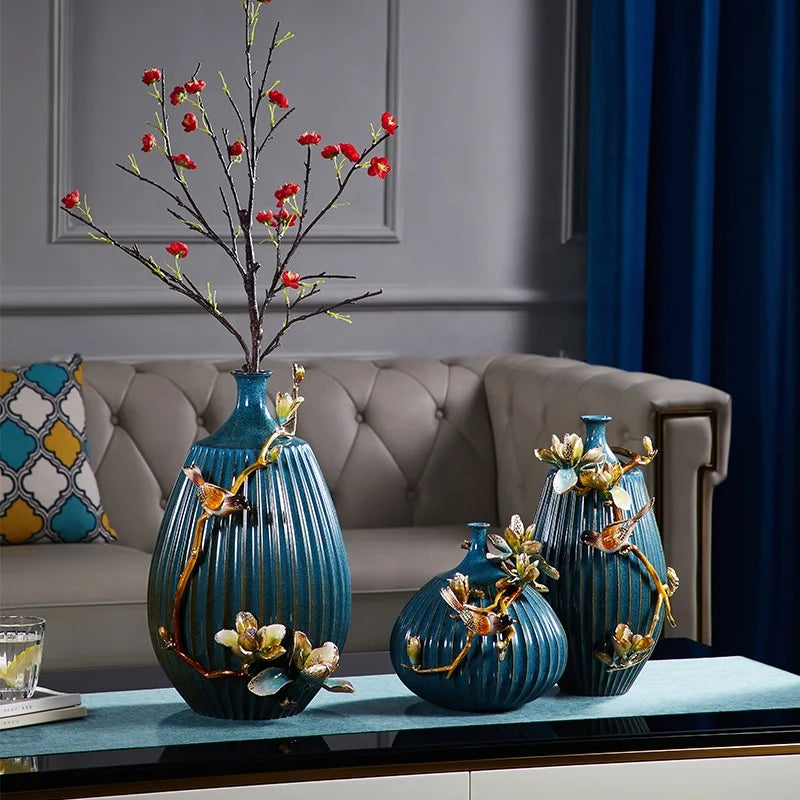 Light Luxury Blue Ceramic Flower Vase Desktop Ornament Flower Arrangement Vase Creative High-end Enamel Colored Home Decoration
