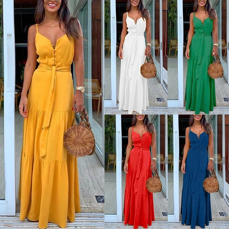 Fashion Women Summer Dress Boho Style Sleeveless Strappy Female Girls Dresses V-neck Bandage Party Beach Dress Feminine Les Robe