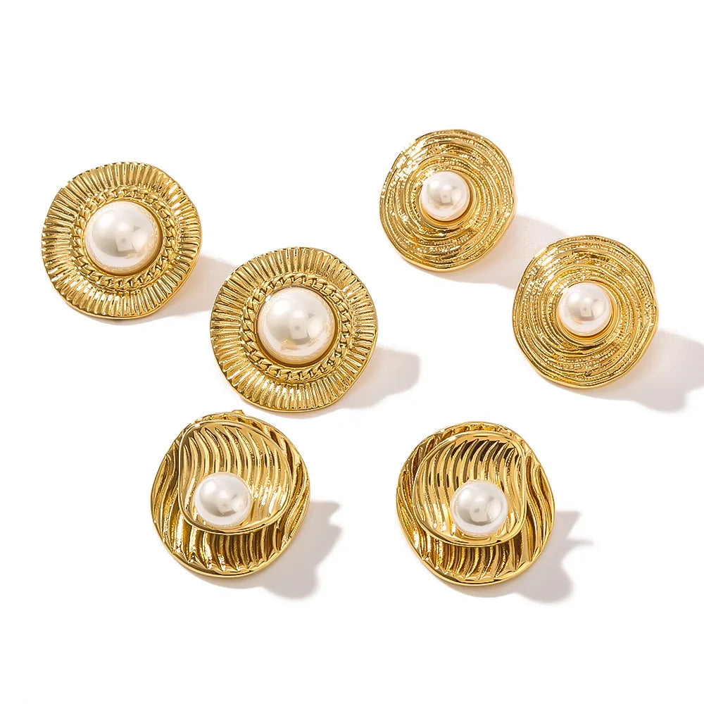Waterproof Vintage Bohemia Jewelry Geometric Round Stud Earrings Retro Gold Plated Stainless Steel Pearl Women's Party