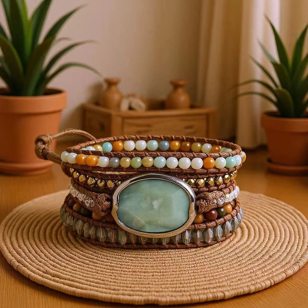 Women Wax Cord Handmade Hematite Crystal Natural Gemstone Amazonite Pic Jasper Lapis Lazuli Bracelet 5 Strands Wrap Bracelets