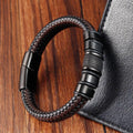 Holiday Gift Bracelet Jewelry Punk Stainless Steel Double Bracelet Wide Braided Leather Rope Bracelet for Men OT-222