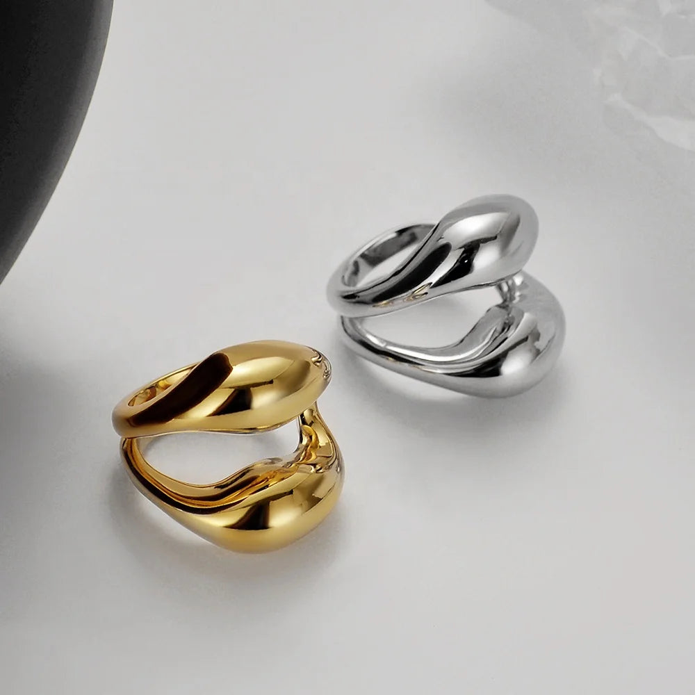 ICEBELA Jewelry S925 Silver 18K Gold Plated Korean Hollow-out Smooth Minimalist Irregular Line Index Finger Rings for Girls