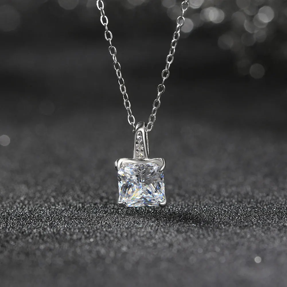 RINNTIN SLZN15 Silver 925 Princess Cut Gemstone Chain 8A Premium Cubic Zirconia Brilliant Cut Diamond Square Pendant Necklace