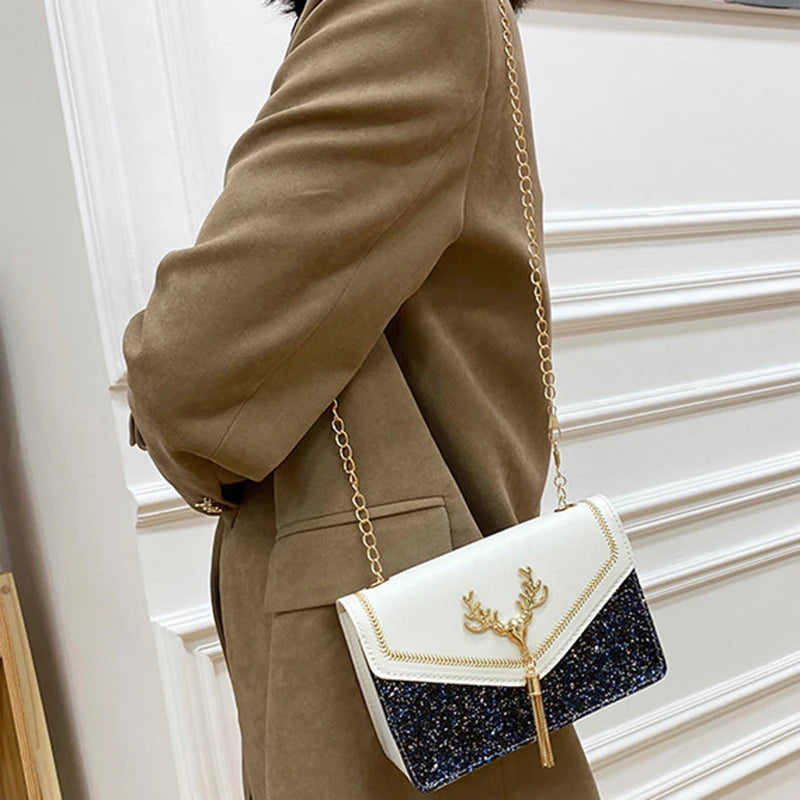 Fashion Square Women Magnetic Button 5 Colors Trendy Tassel Handbags Luxury PU Leather Crossbody Bag Button Handbags
