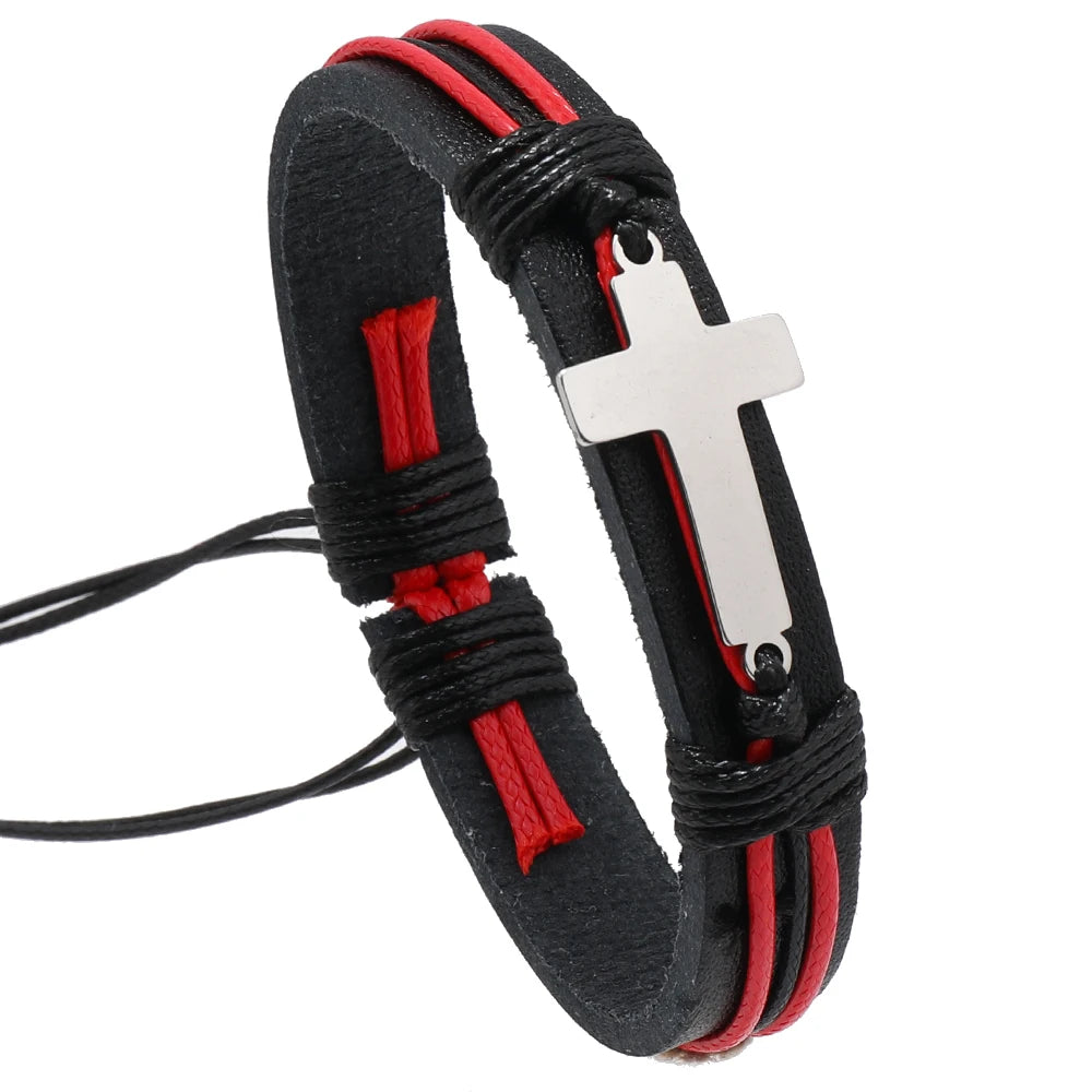2023 New Design Stainless Steel Cross Bracelet Woven Leather Bracelet Charm Men Jewelry